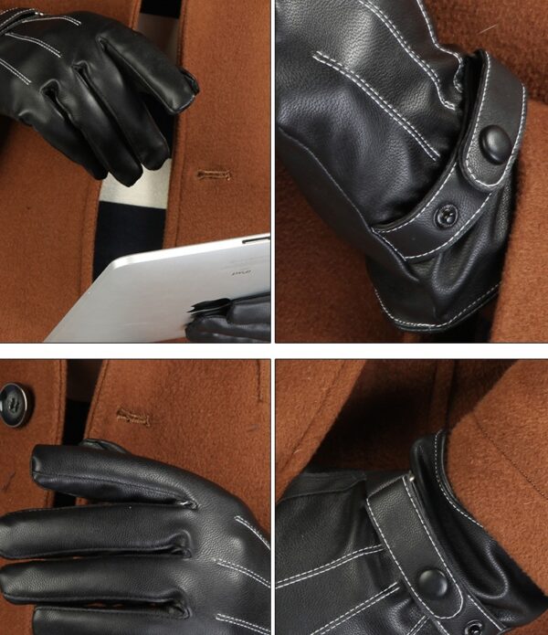 Winter plus velvet warm leather PU outdoor riding sports full touch screen three strips of leather gloves - Image 6