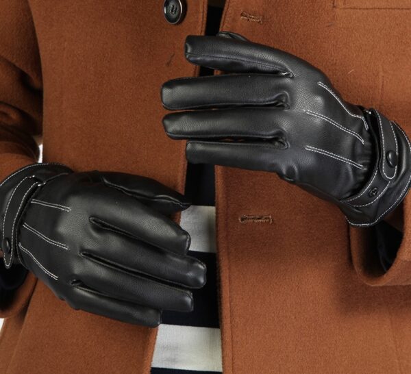 Winter plus velvet warm leather PU outdoor riding sports full touch screen three strips of leather gloves - Image 2