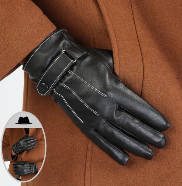 Winter plus velvet warm leather PU outdoor riding sports full touch screen three strips of leather gloves - Image 5