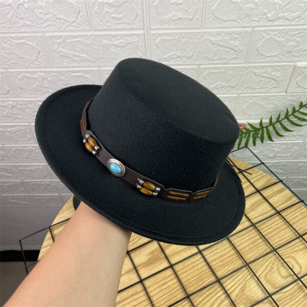 Retro Woolen Wide Brim Flat Top Hat - Image 5