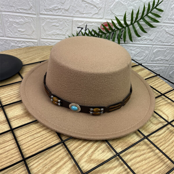 Retro Woolen Wide Brim Flat Top Hat - Image 6