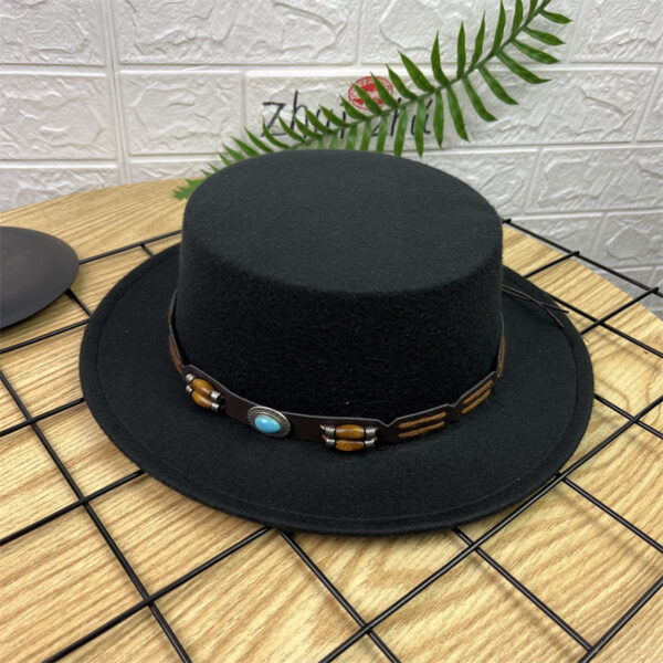 Retro Woolen Wide Brim Flat Top Hat - Image 4